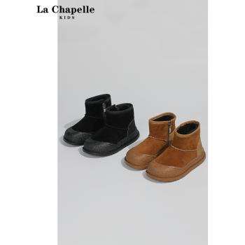 拉夏貝爾女童簡約雪地靴2023冬季兒童加絨舒適棉靴中小童保暖短靴