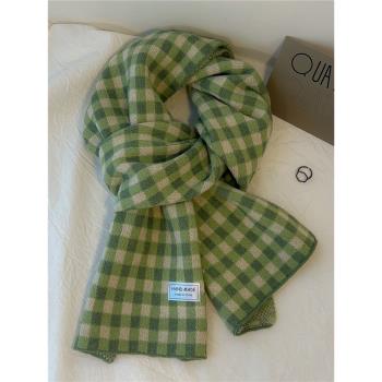冬季韓版綠色格子圍巾女高級感保暖披肩圍脖情侶仿羊絨軟糯針織