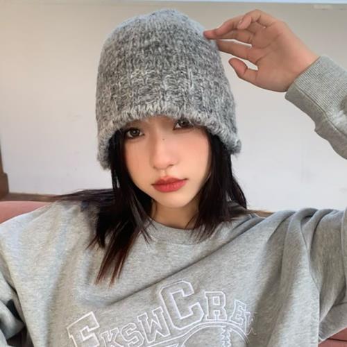 慵懶風混色灰色針織漁夫帽子女秋冬季百搭遮臉顯臉小保暖毛線盆帽