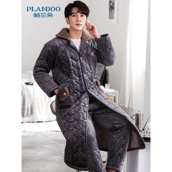 珊瑚絨夾棉睡衣男士冬季三層加厚加絨長款睡袍浴衣保暖家居服套裝