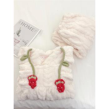 睡衣女冬季珊瑚絨加厚保暖甜美可愛草莓ins風新款少女家居服套裝