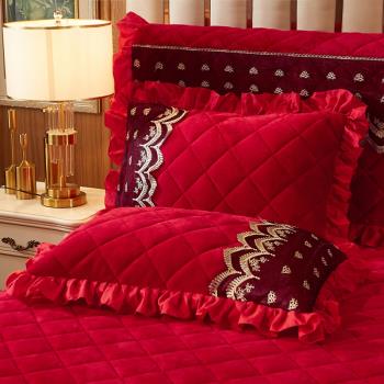 新品加厚保暖絨牛奶絨法蘭絨枕頭套夾棉蕾絲單品大紅色枕套一對裝