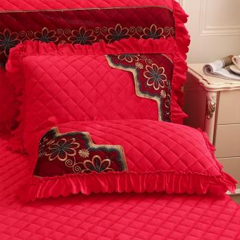 冬季保暖水晶絨牛奶絨單人枕套一對裝珊瑚絨枕頭套大紅色結婚喜慶