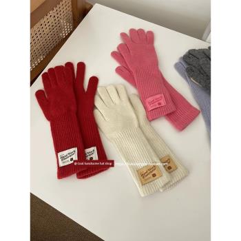 顯白紅色~長款針織手套女韓國ins冬季五指保暖騎行分指可觸屏手套