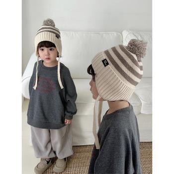 冬季兒童帽子毛線帽男童女寶寶純棉內襯防風保暖條紋護耳針織帽子