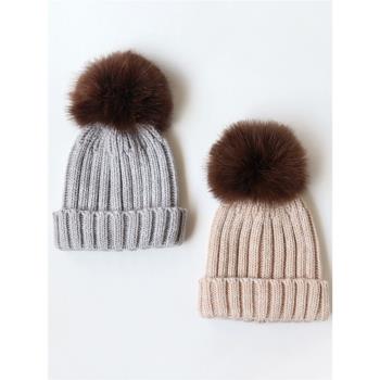 嬰兒帽子秋冬季毛絨加厚保暖毛線帽男女寶寶兒童秋冬款毛球針織帽