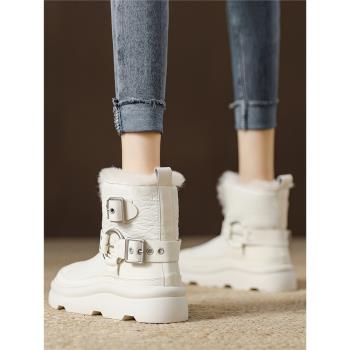 厚底皮面白色雪地靴女2023冬季新款加絨加厚保暖棉鞋防水防滑短靴