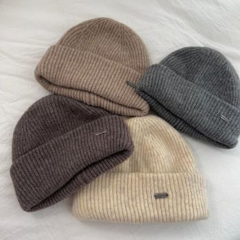 高口質出口單~韓國ins搭配推薦摩卡色帶標保暖加厚針織毛線帽子冬