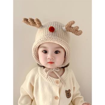 可愛鹿角毛線保暖加厚嬰兒帽子