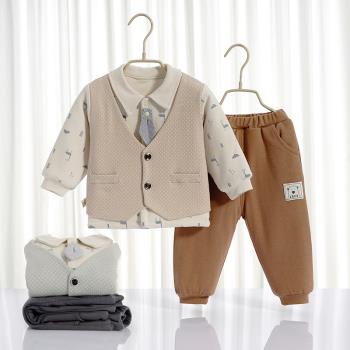 嬰兒紳士薄棉衣服男寶寶秋冬裝棉衣套裝純棉夾棉保暖棉服兩件套厚