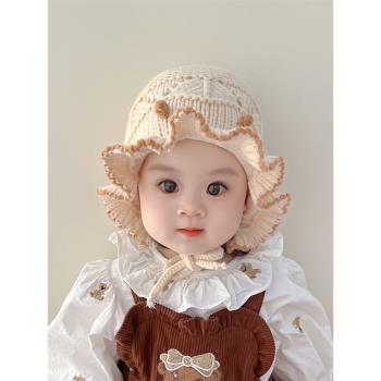 秋冬季花邊甜美針織保暖嬰兒帽子