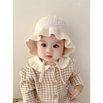 女寶寶帽子秋冬可愛超萌花邊嬰兒保暖毛線護耳帽甜美嬰幼兒公主帽