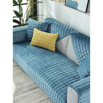 藍色現代簡約毛絨沙發墊布藝真皮防滑沙發套飄窗墊高檔加厚沙發罩