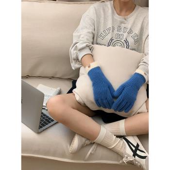 韓國ins克萊因藍毛線針織可愛手套女冬季騎車保暖露手指可觸屏