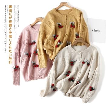 凜美日系秋冬新款日系針織圓領開衫毛衣復古甜美立體裝飾女針織衫