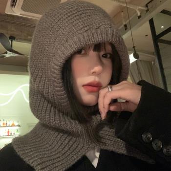 韓版巴拉克拉法帽女冬季保暖灰色帽子圍脖一體護耳加厚針織毛線帽
