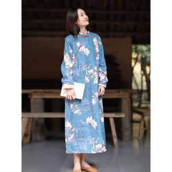 亞麻加絨冬季寬松印花女式旗袍裙