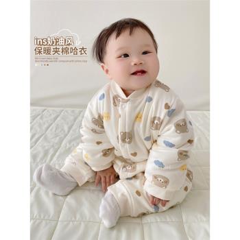 嬰兒夾棉哈衣男童0-18月初生寶寶爬服女童幼兒純棉保暖連體衣外穿