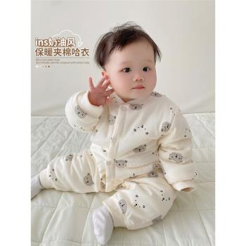男童寶寶0-18月夾棉爬服新生女童保暖哈衣嬰兒秋冬純棉加厚連體衣
