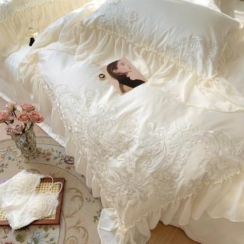 公主風100S長絨棉四件套法式浪漫蕾絲花邊被套柔軟純棉床上用品