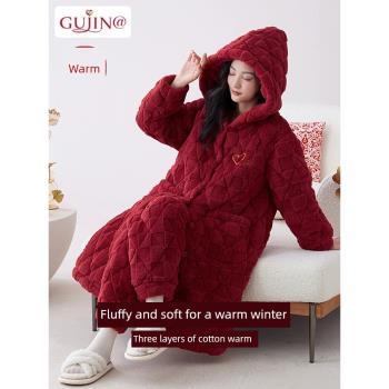 珊瑚絨三層夾棉睡衣女冬季加厚保暖紅色本命年睡袍晨袍家居服套裝