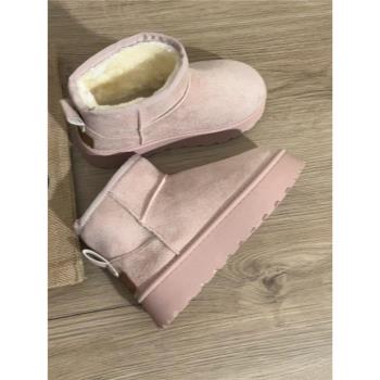 桃二桃粉色雪地靴女加絨加厚冬季厚底保暖棉靴防滑一腳蹬面包鞋