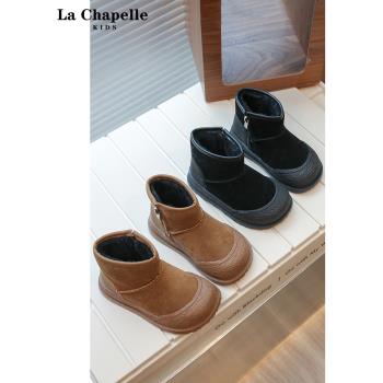 拉夏貝爾女童英倫風雪地靴2023冬季兒童加絨棉靴中小童保暖短靴子
