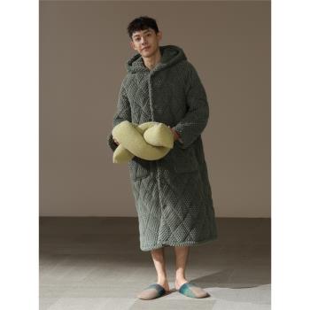 【超厚】睡袍男冬季三層夾棉保暖加厚加絨珊瑚絨連帽款家居服睡衣