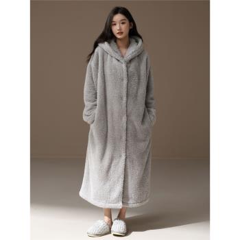 珊瑚絨開衫連帽女保暖可外穿睡袍