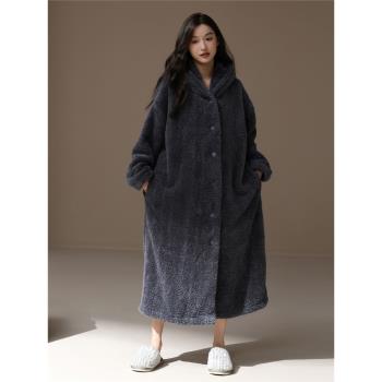 簡約連帽女保暖珊瑚絨開衫睡袍