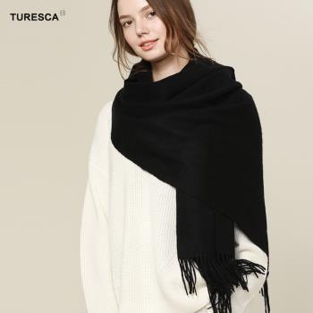 加厚純羊毛圍巾女韓版百搭純色保暖長黑色柔軟秋冬季披毯披肩兩用
