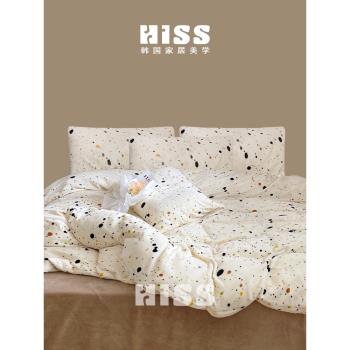 韓國HISS家居床品加絨加厚牛奶絨四件套簡約潑墨點點保暖床單被套