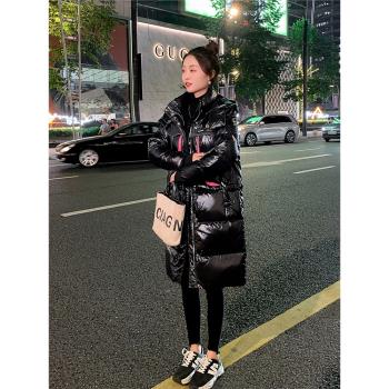 黑色亮面免洗羽絨服女中長款2023冬季新款韓版保暖白鴨絨連帽外套