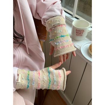 彩虹糖豆豆 針織半指手套女士韓系冬季學生可愛保暖無指騎車ins風