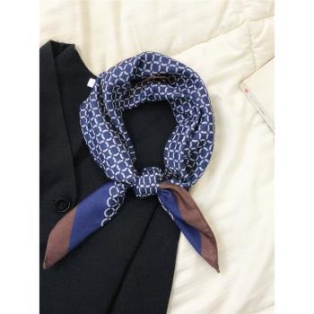 韓式時尚洋氣秋冬季新款小方巾絲巾男女藍咖圍巾護頸保暖棉麻手感