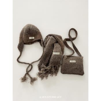 暖咖美拉德風高級感帽子圍巾包包三件套女秋冬季復古百搭加厚保暖