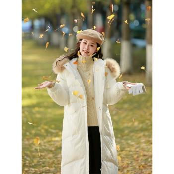 設計感白色帶毛領連帽中長款羽絨服女冬季2023年新款加厚保暖外套