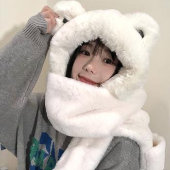 小熊帽子女冬季手套圍巾一體三件套可愛卡通圍脖耳朵羊羔毛絨保暖