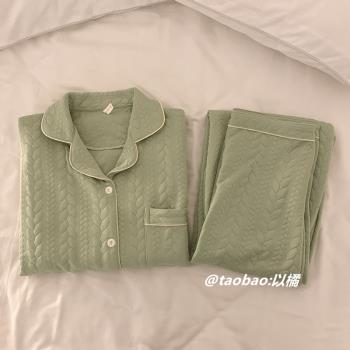 清新綠空氣棉睡衣女秋冬季新款加厚夾層保暖可外穿簡約家居服套裝