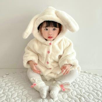 女寶寶冬季毛絨兔子套裝嬰幼兒韓版可愛保暖洋氣兔子毛毛衣服