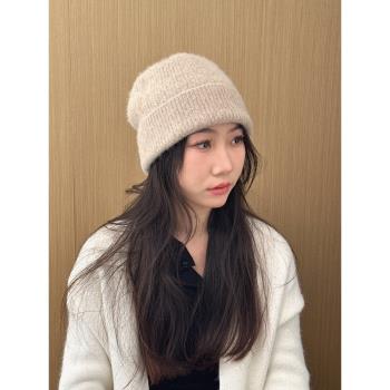 高級感棕色女日本卷邊堆堆帽保暖綿羊毛羊駝毛針織帽套頭帽毛線帽