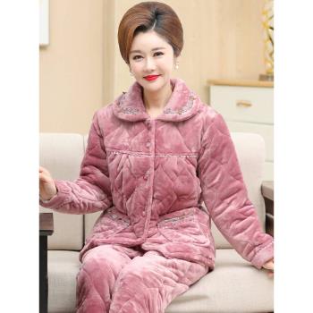 冬季夾棉睡衣女中老年媽媽婆婆三層加厚保暖珊瑚絨棉襖家居服套裝