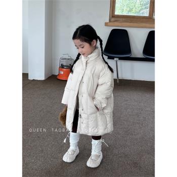 韓版女童中長款羽絨服2023新款兒童冬季加厚立領保暖白鴨絨外套