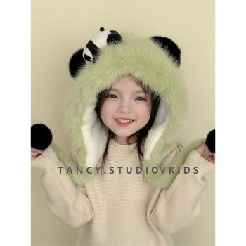 熊貓寶寶帽子冬季可愛帽子圍巾一體加絨加厚保暖兒童套頭護耳帽潮