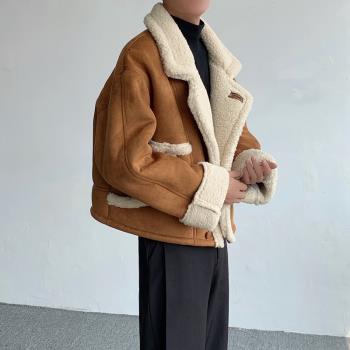 美式復古短款麂皮絨機車服外套男冬季皮毛一體加厚保暖西裝領棉衣