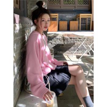 粉色溫柔甜美風休閑寬松針織衫毛衣女冬季新款內搭外穿保暖上衣