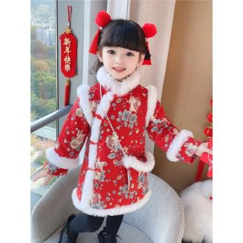 女童旗袍冬季寶寶拜年服紅色喜慶中國風唐裝裙兒童加厚保暖過年服