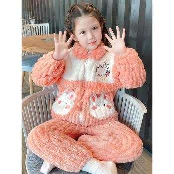 女童睡衣法蘭絨冬季加絨加厚珊瑚絨拉鏈卡通冬天兒童家居服套裝