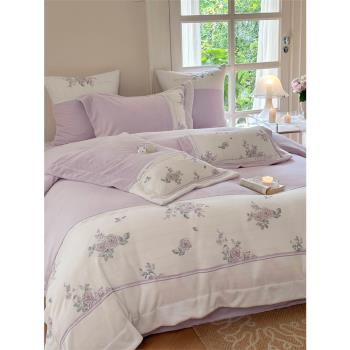 高端紫刺繡珊瑚絨四件套秋冬保暖雙面牛奶絨床上用品加厚床單被套