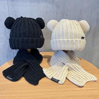 韓兒童帽子圍巾兩件套秋冬款保暖針織寶寶毛線護耳帽男女童套頭帽